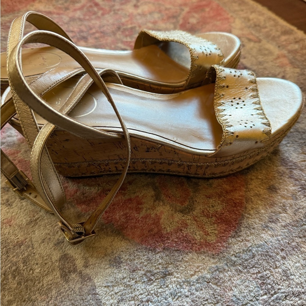 Jack Rogers Lennon gold leather espadrille platform wedge sandals size 10